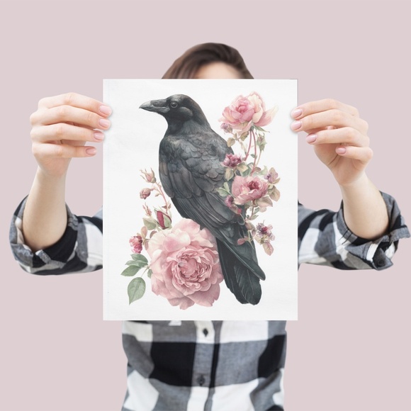 Watercolor Floral Black Crow Wall Art Print Unframed - Black Bird Illustration - Picture 4 of 6